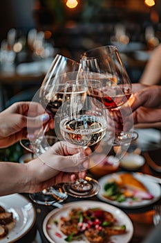 A group of people toasting wine glasses at a restaurant