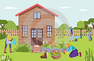 Group of people together garden maintenance, character farmer care plants field, concept country house flat vector