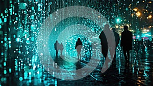 The group people try searching something in digital matrix binary code. AIGX01.