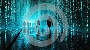 The group people try searching something in digital matrix binary code. AIGX01.