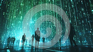 The group people try searching something in digital matrix binary code. AIGX01.