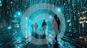 The group people try searching something in digital matrix binary code. AIGX01.