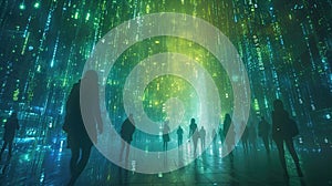 The group people try searching something in digital matrix binary code. AIGX01.