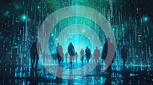 The group people try searching something in digital matrix binary code. AIGX01.