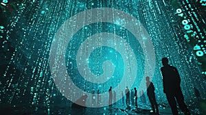 The group people try searching something in digital matrix binary code. AIGX01.