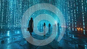 The group people try searching something in digital matrix binary code. AIGX01.