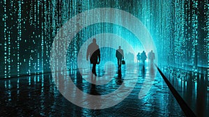 The group people try searching something in digital matrix binary code. AIGX01.