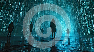 The group people try searching something in digital matrix binary code. AIGX01.