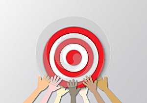 Group of people united diversity holding red target on grey background. Concept for unity or joining, team and teamwork.