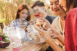 Group of people use smartphone for connecting to various application, internet of things