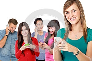 group of people using mobile phone. attractive woman at the fron