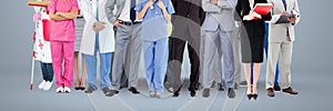 Group of People with various job careers standing with grey background photo