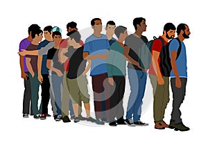 Group of people waiting in line vector isolated on white background. Group of refugees, migration crisis in Europe. Turkey border