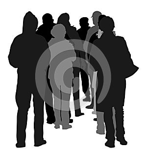 Group of people waiting in line vector silhouette isolated on white background. Back view. Black Friday situation.