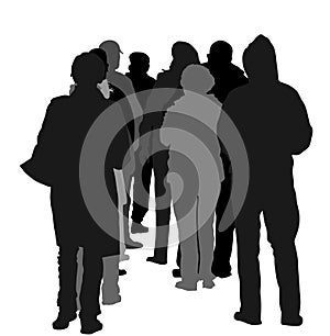 Group of people waiting in line vector silhouette isolated on white background. Back view. Black Friday situation in market.