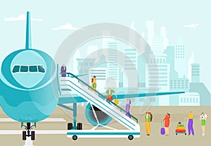 Group of people walk upstairs plane ramp, concept travel time preparation take off passenger airplane flat vector