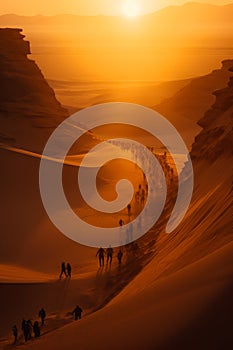 Group of people walking across desert at sunset or sunrise. Generative AI