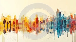 A group of people walking in a cityscape with colorful buildings, AI