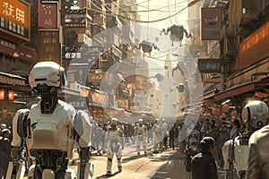 A group of people, walking down a busy street, pass towering buildings in an urban environment, A high-tech cyberpunk street