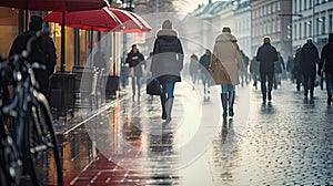 Group of People Walking Down a Rainy Street