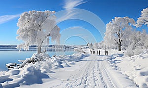 Group of People Walking Down Snow Covered Road