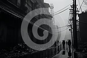 a group of people walking down the street in the rain with umbrellas in their hands, and old buildings in the background, a