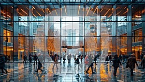 a group of people are walking through a large glass building