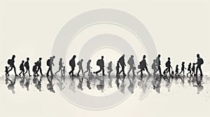A group of people walking in a line with their backpacks, AI
