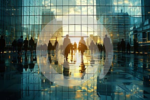 Group of People Walking Through Lobby