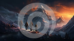 A group of people walking on the snowy mountains with their snowshoes on. Climbing the icy mountains. A background image