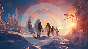 A group of people walking on the snowy mountains with their snowshoes on. Climbing the icy mountains. A background image