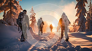 A group of people walking on the snowy mountains with their snowshoes on. Climbing the icy mountains. A background image