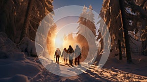 A group of people walking on the snowy mountains with their snowshoes on. Climbing the icy mountains. A background image