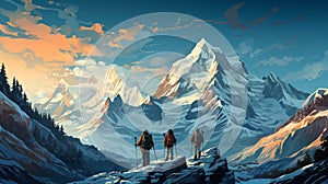 A group of people walking on the snowy mountains with their snowshoes on. Climbing the icy mountains. A background image
