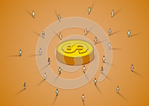 A group of people walking to dollar coin. Investment and business concept.