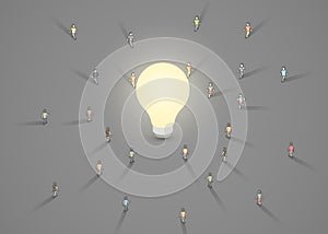 A group of people walking to a light bulb. Brainstorm, inspiration, idea business concept.