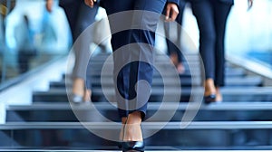 A group of people walking up a set of stairs in business attire, AI