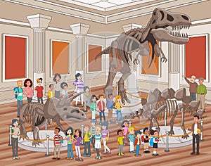 Group of people watching dinosaur skeletons