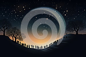 Group of people watching large crescent moon on Christmas sky