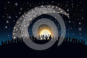 Group of people watching large crescent moon on Christmas sky