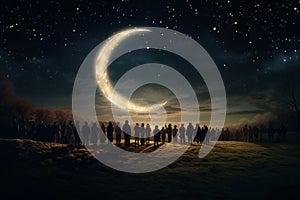 Group of people watching large crescent moon on Christmas sky