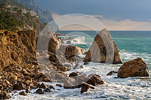 A group of people watching storm waves