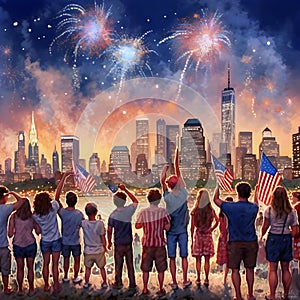 Group of people watching the 4th of July fireworks with New York City in the background.