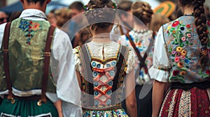 A group of people wearing lederhosen and dirndls adorned with intricate embroidery and traditional patterns photo