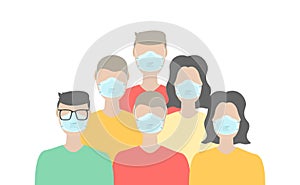 Group of people wearing medical masks to prevent disease, flu, air pollution, contaminated air, world pollution