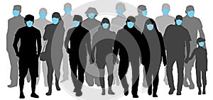 Group of people wearing medical masks to prevent disease flu. Contaminated air. Silhouette vector illustration