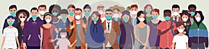 Group of people wearing protective medical masks for protection from virus. Prevention and safety procedures concept. Flat style v