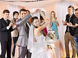 Group people at wedding dance.