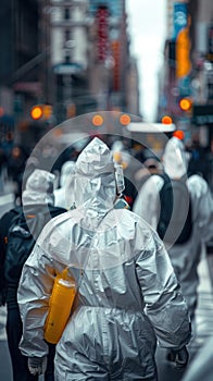 Group of People in White Suits Walking Down City Street