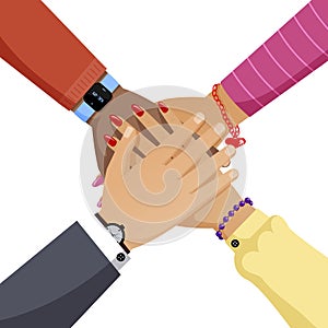 Group of people hands together flat vector illustration. Cooperation, partnership, teamwork cartoon concept.